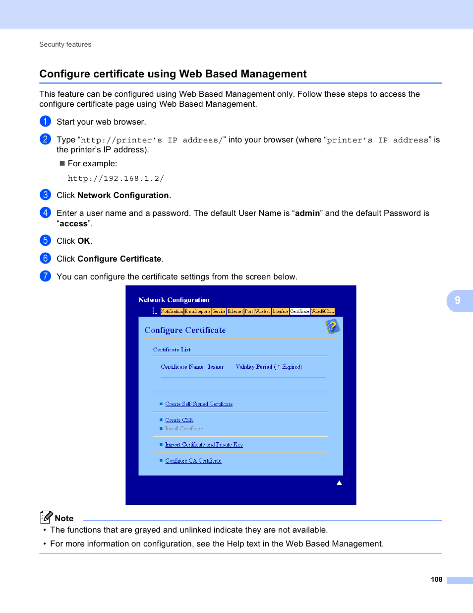 Configure certificate using web based management, 9configure certificate using web based management | Brother MFC 9970CDW User Manual | Page 113 / 163