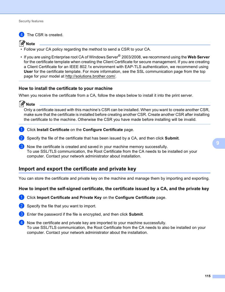 How to install the certificate to your machine, Import and export the certificate and private key | Brother MFC 9970CDW User Manual | Page 120 / 163