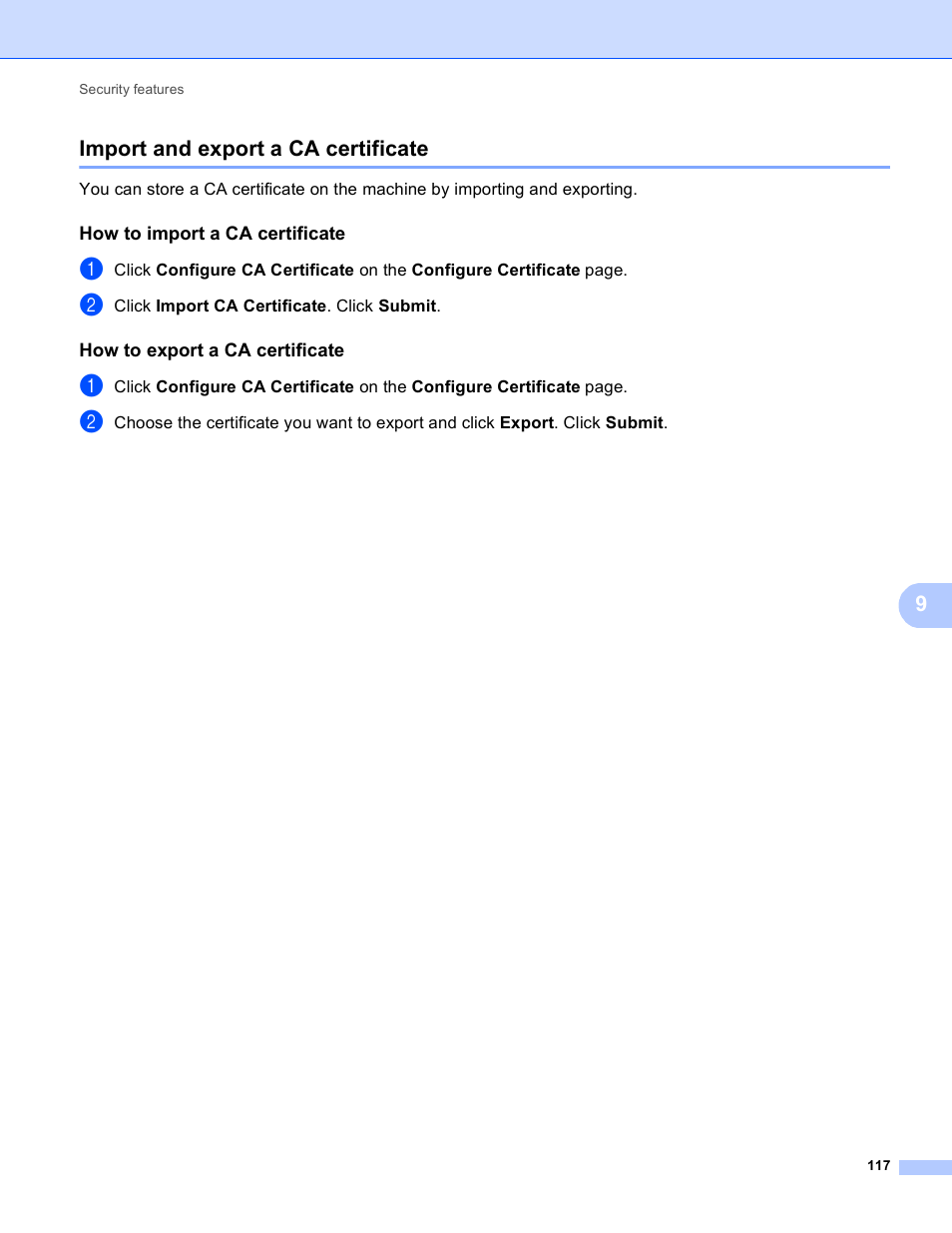 Import and export a ca certificate, How to import a ca certificate, How to export a ca certificate | 9import and export a ca certificate | Brother MFC 9970CDW User Manual | Page 122 / 163