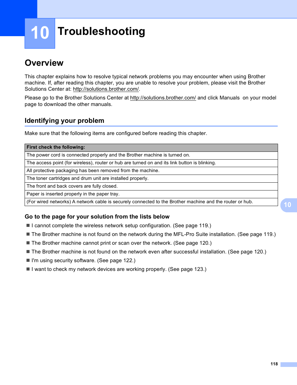 10 troubleshooting, Overview, Identifying your problem | Troubleshooting | Brother MFC 9970CDW User Manual | Page 123 / 163