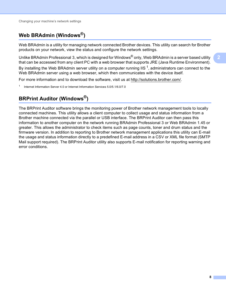 Web bradmin (windows®), Brprint auditor (windows®), Web bradmin (windows | Brprint auditor (windows, 2web bradmin (windows | Brother MFC 9970CDW User Manual | Page 13 / 163