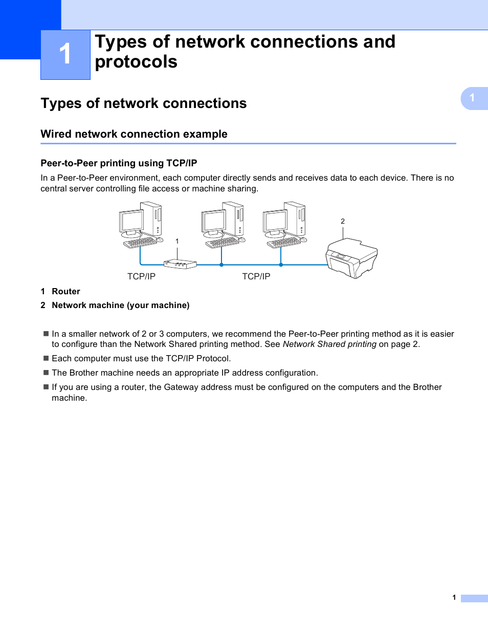 1 types of network connections and protocols, Types of network connections, Wired network connection example | Peer-to-peer printing using tcp/ip, Types of network connections and protocols | Brother MFC 9970CDW User Manual | Page 136 / 163