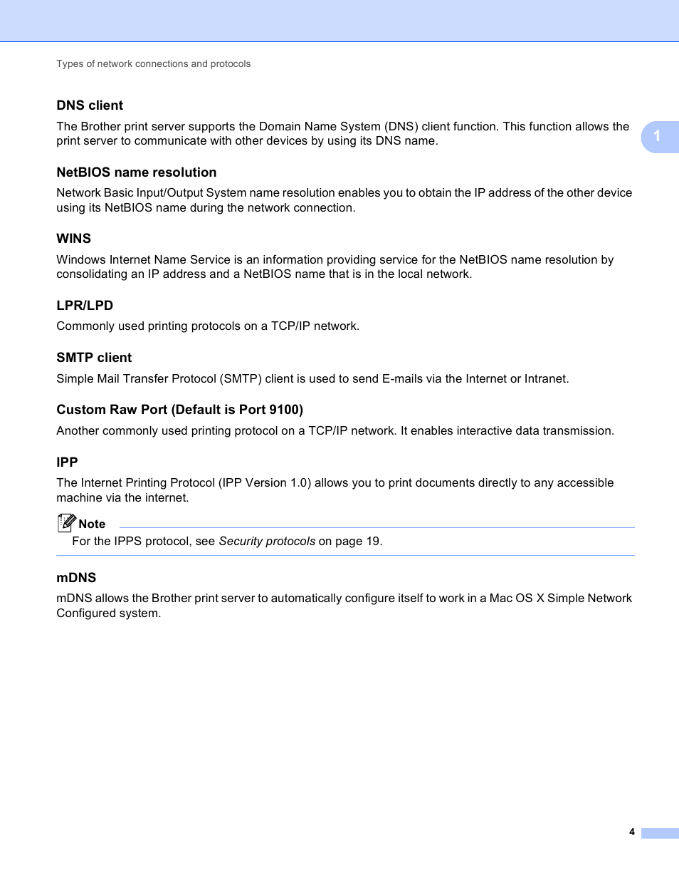 Dns client, Netbios name resolution, Wins | Lpr/lpd, Smtp client, Custom raw port (default is port 9100), Mdns | Brother MFC 9970CDW User Manual | Page 139 / 163