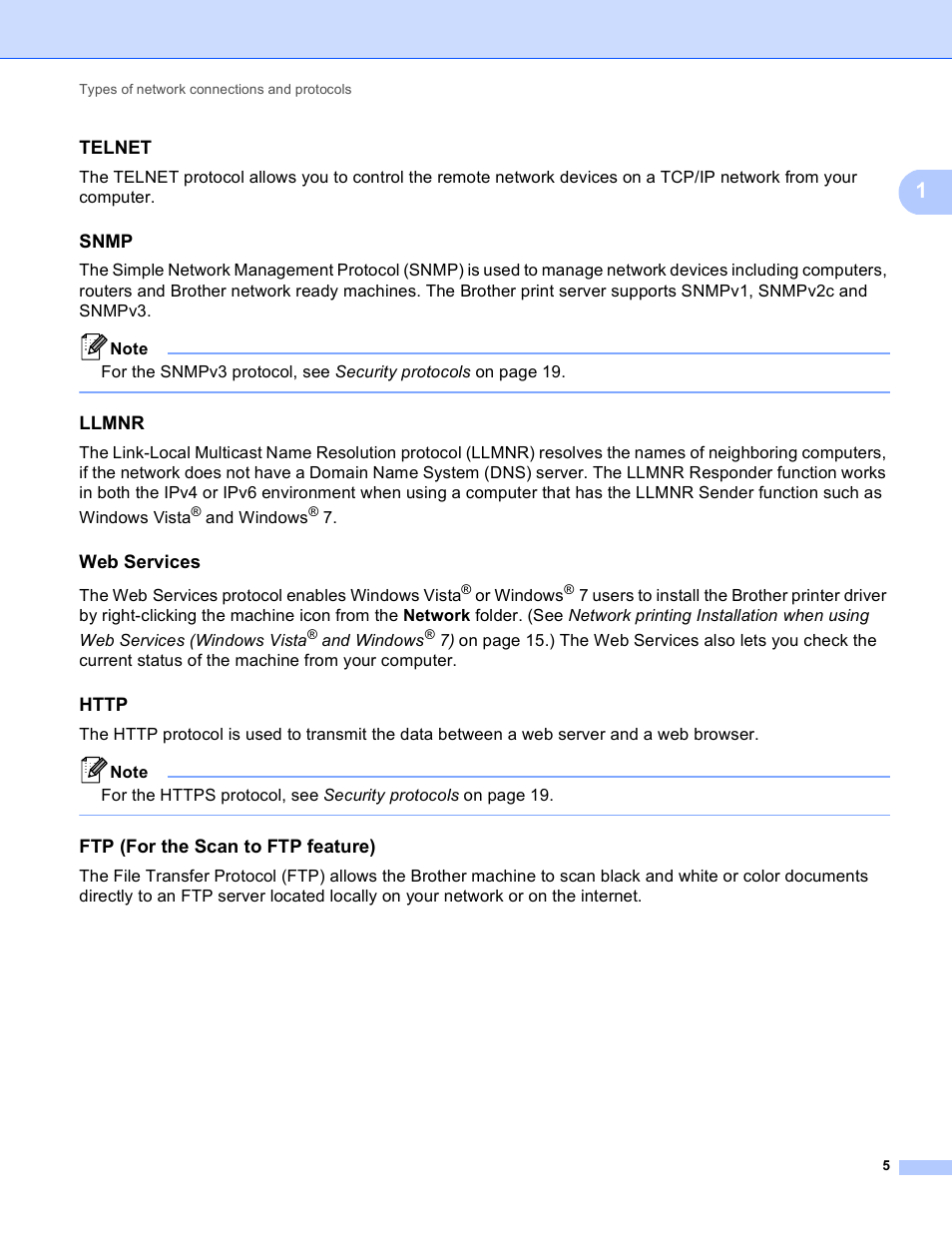 Telnet, Snmp, Llmnr | Web services, Http, Ftp (for the scan to ftp feature) | Brother MFC 9970CDW User Manual | Page 140 / 163