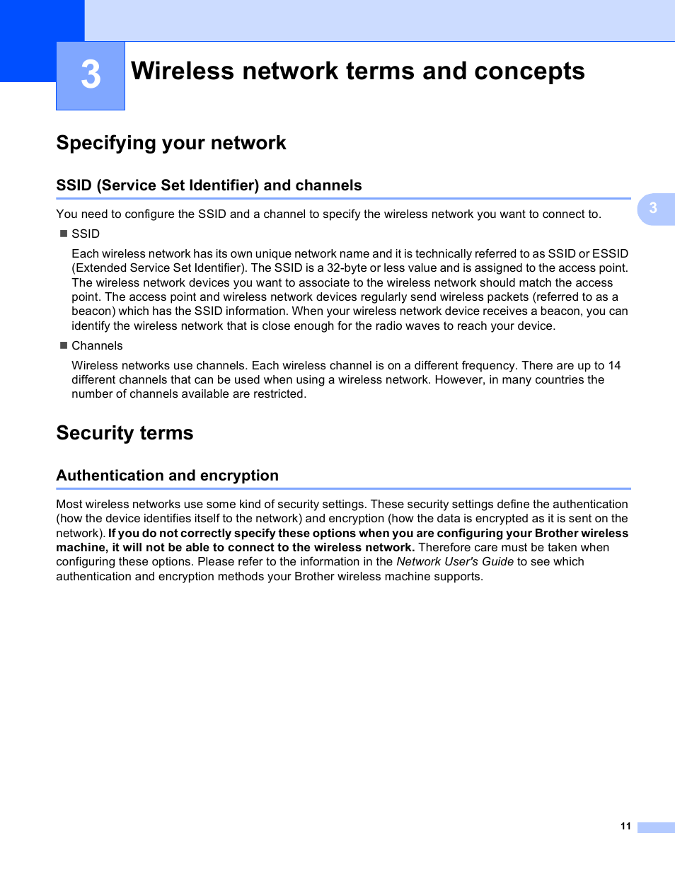 3 wireless network terms and concepts, Specifying your network, Ssid (service set identifier) and channels | Security terms, Authentication and encryption, Wireless network terms and concepts | Brother MFC 9970CDW User Manual | Page 146 / 163