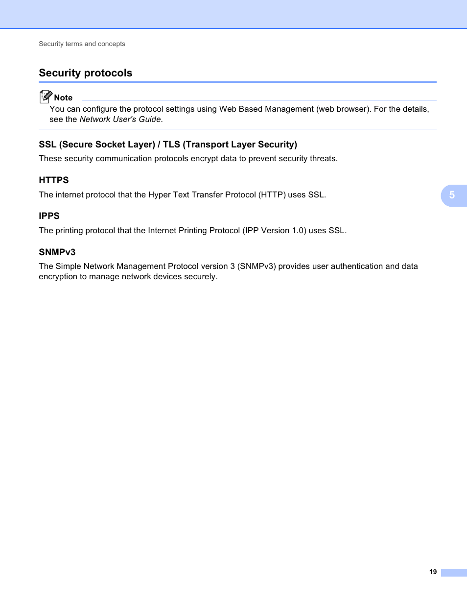 Security protocols, Https, Ipps | Snmpv3, 5security protocols | Brother MFC 9970CDW User Manual | Page 154 / 163