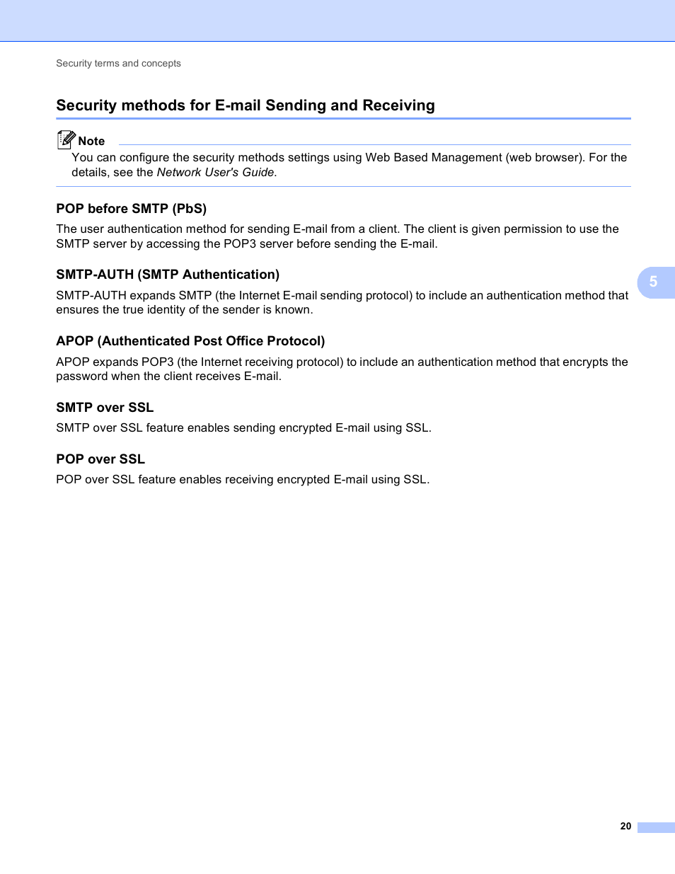 Security methods for e-mail sending and receiving, Pop before smtp (pbs), Smtp-auth (smtp authentication) | Apop (authenticated post office protocol), Smtp over ssl, Pop over ssl, 5security methods for e-mail sending and receiving | Brother MFC 9970CDW User Manual | Page 155 / 163