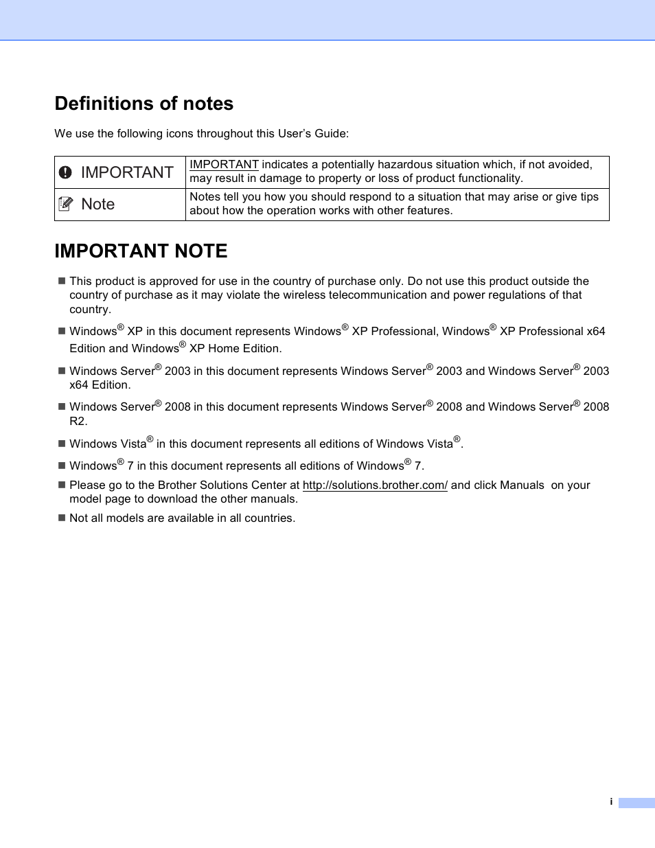 Definitions of notes, Important note | Brother MFC 9970CDW User Manual | Page 2 / 163