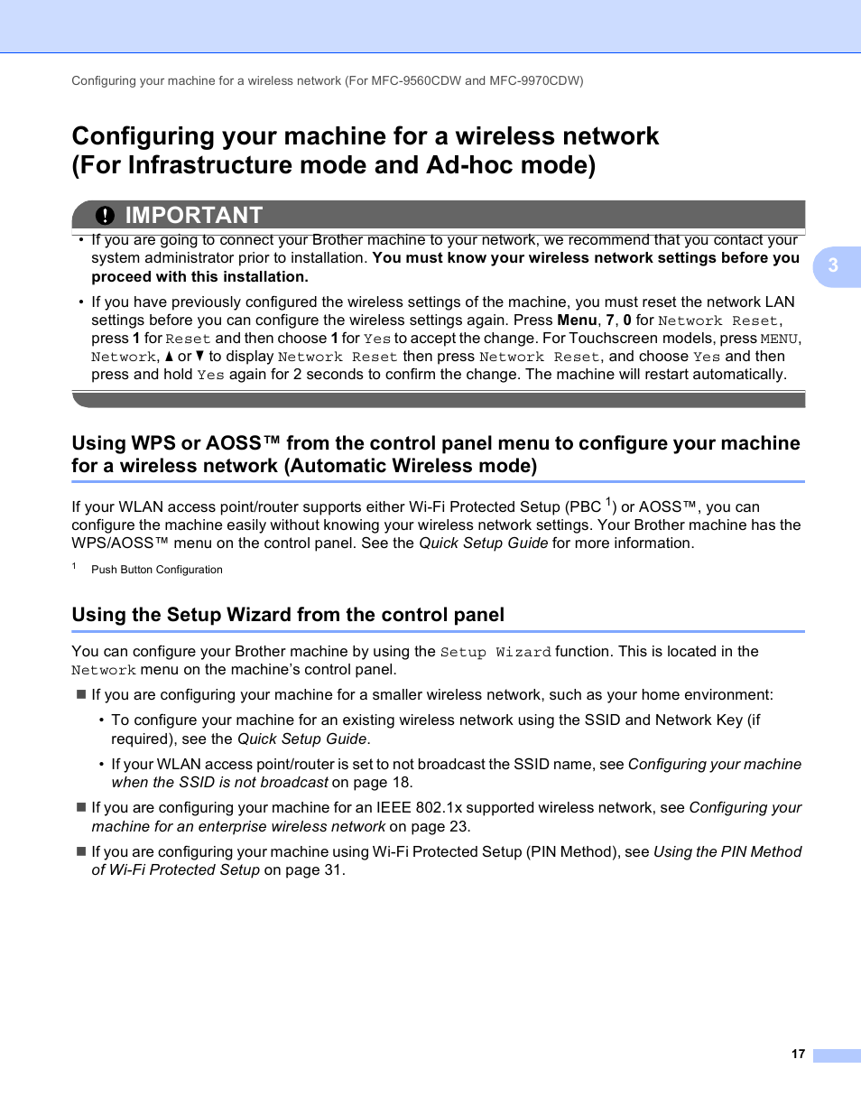 Using the setup wizard from the control panel, Configuring your machine for a wireless network, For infrastructure mode and ad-hoc mode) | For a wireless network (automatic wireless mode), Important | Brother MFC 9970CDW User Manual | Page 22 / 163