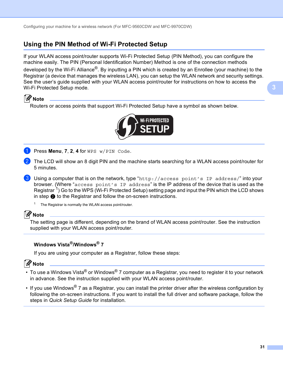 Using the pin method of wi-fi protected setup, 3using the pin method of wi-fi protected setup | Brother MFC 9970CDW User Manual | Page 36 / 163