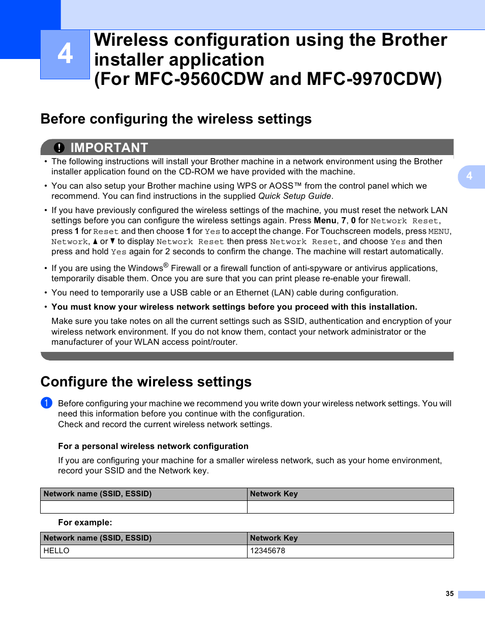 Before configuring the wireless settings, Configure the wireless settings, Important | Brother MFC 9970CDW User Manual | Page 40 / 163