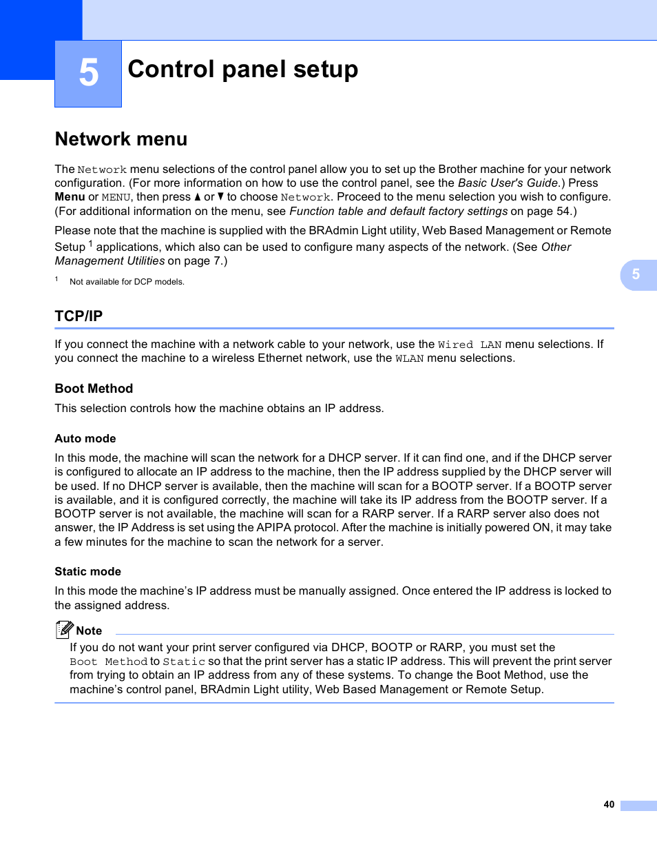 5 control panel setup, Network menu, Tcp/ip | Boot method, Control panel setup | Brother MFC 9970CDW User Manual | Page 45 / 163