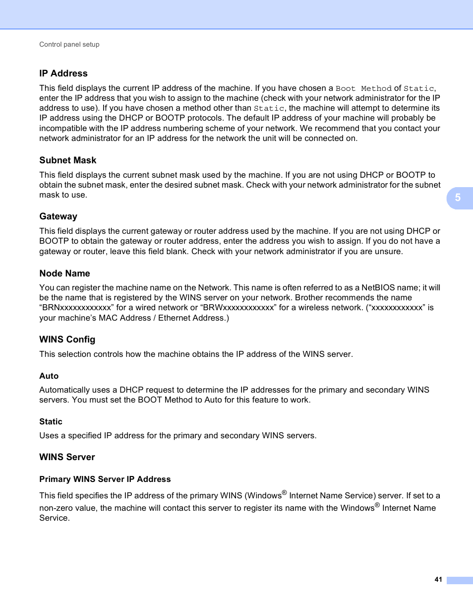 Ip address, Subnet mask, Gateway | Node name, Wins config, Wins server, Primary wins server ip address, Internet name service | Brother MFC 9970CDW User Manual | Page 46 / 163