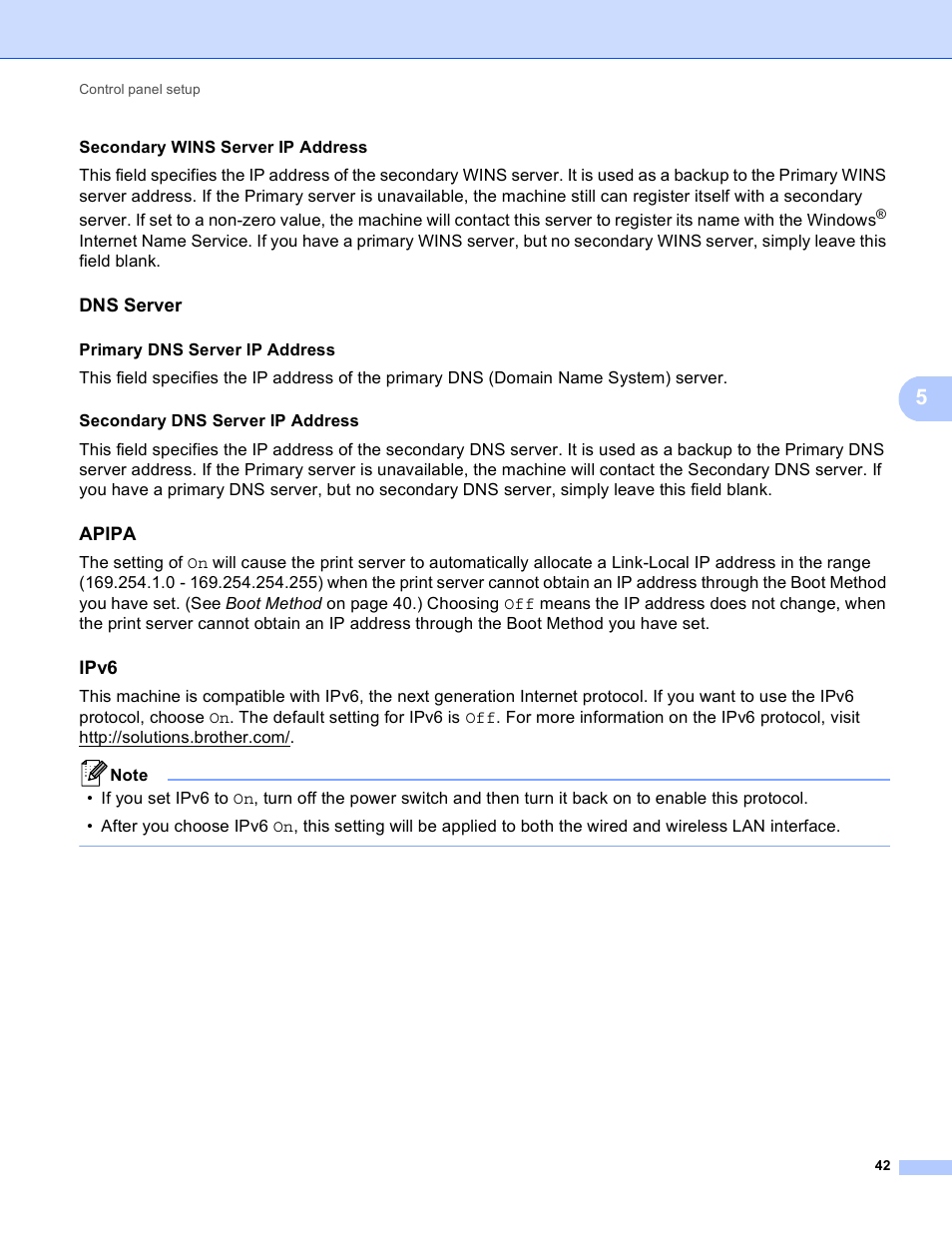 Dns server, Apipa, Ipv6 | Secondary wins server ip address, Primary dns server ip address | Brother MFC 9970CDW User Manual | Page 47 / 163