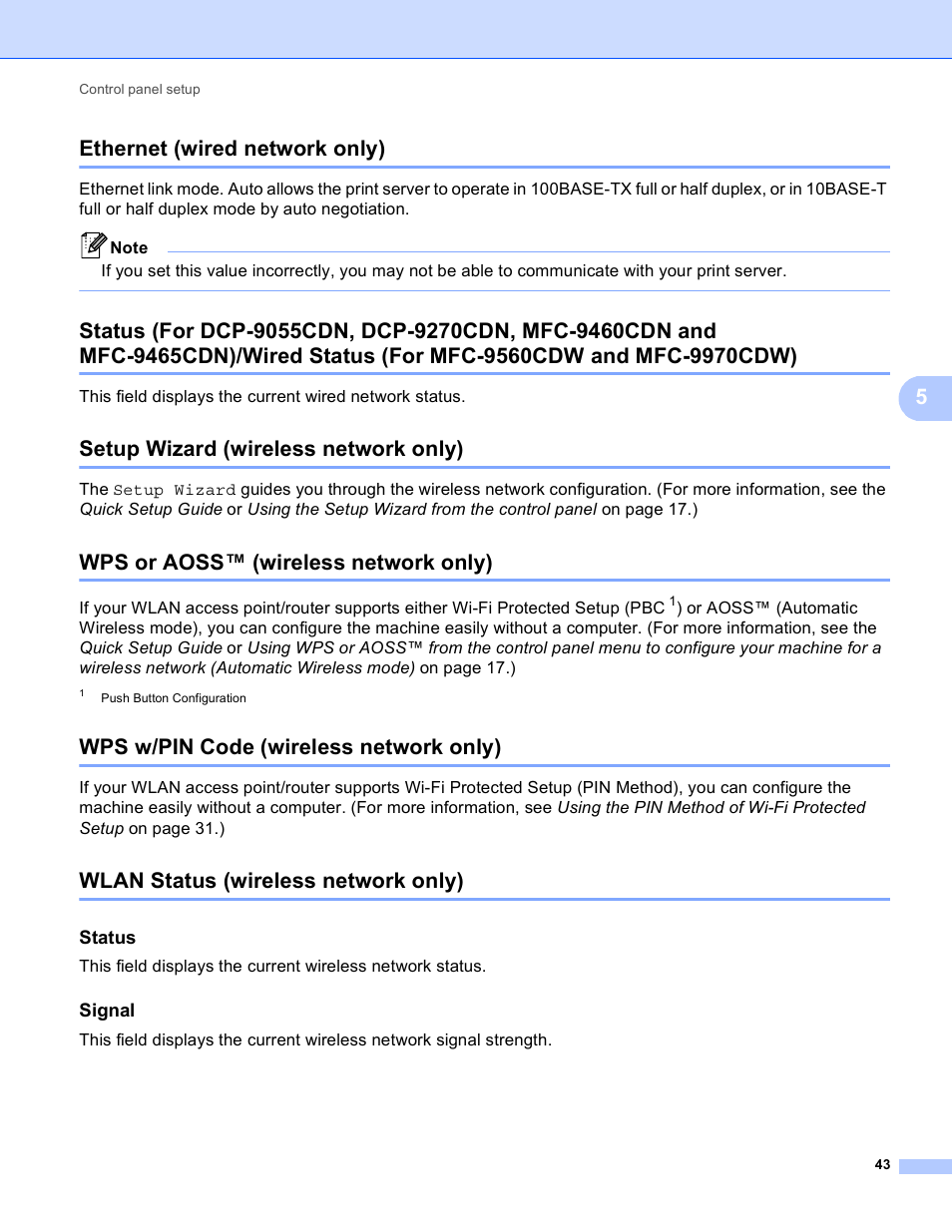 Ethernet (wired network only), Setup wizard (wireless network only), Wps or aoss™ (wireless network only) | Wps w/pin code (wireless network only), Wlan status (wireless network only), Status, Signal, Wired status (for mfc-9560cdw and mfc-9970cdw), 5ethernet (wired network only) | Brother MFC 9970CDW User Manual | Page 48 / 163