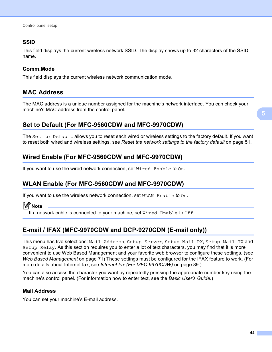 Ssid, Comm.mode, Mac address | Set to default (for mfc-9560cdw and mfc-9970cdw), Wired enable (for mfc-9560cdw and mfc-9970cdw), Wlan enable (for mfc-9560cdw and mfc-9970cdw), Mail address | Brother MFC 9970CDW User Manual | Page 49 / 163