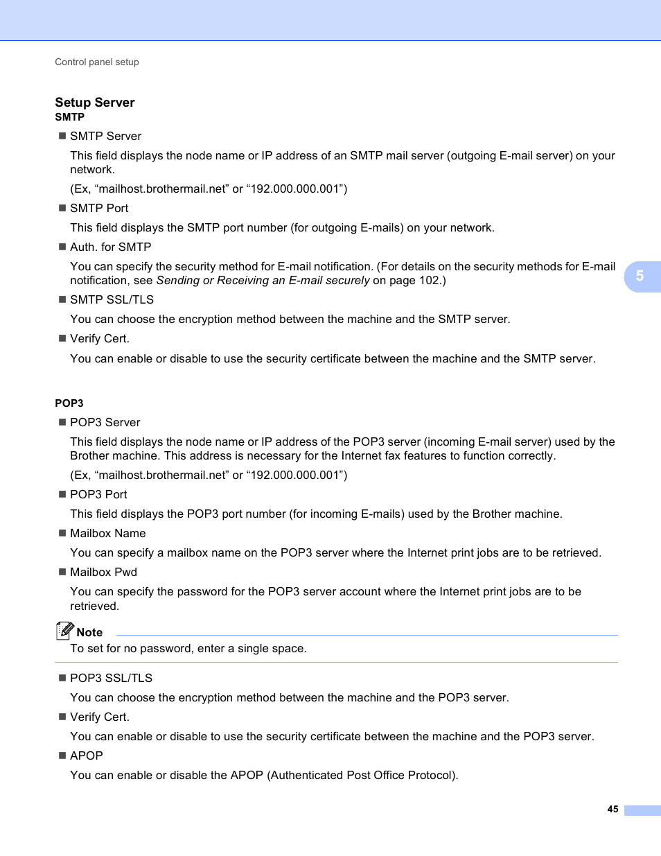 Setup server, Smtp, Pop3 | Brother MFC 9970CDW User Manual | Page 50 / 163