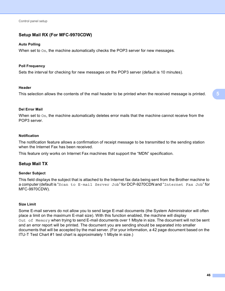 Setup mail rx (for mfc-9970cdw), Auto polling, Poll frequency | Header, Del error mail, Notification, Setup mail tx, Sender subject, Size limit | Brother MFC 9970CDW User Manual | Page 51 / 163