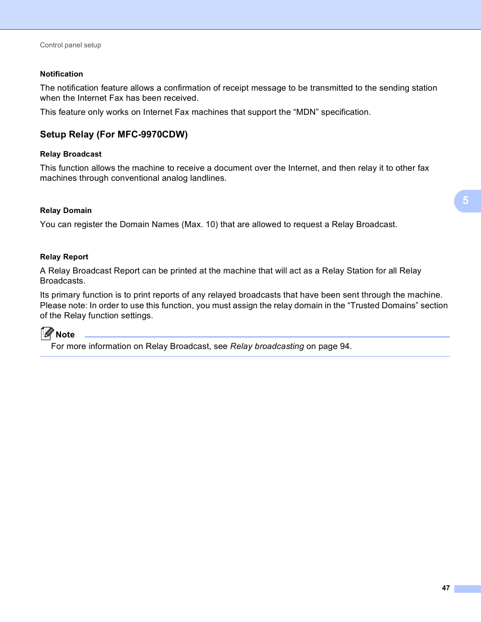 Notification, Setup relay (for mfc-9970cdw), Relay broadcast | Relay domain, Relay report | Brother MFC 9970CDW User Manual | Page 52 / 163
