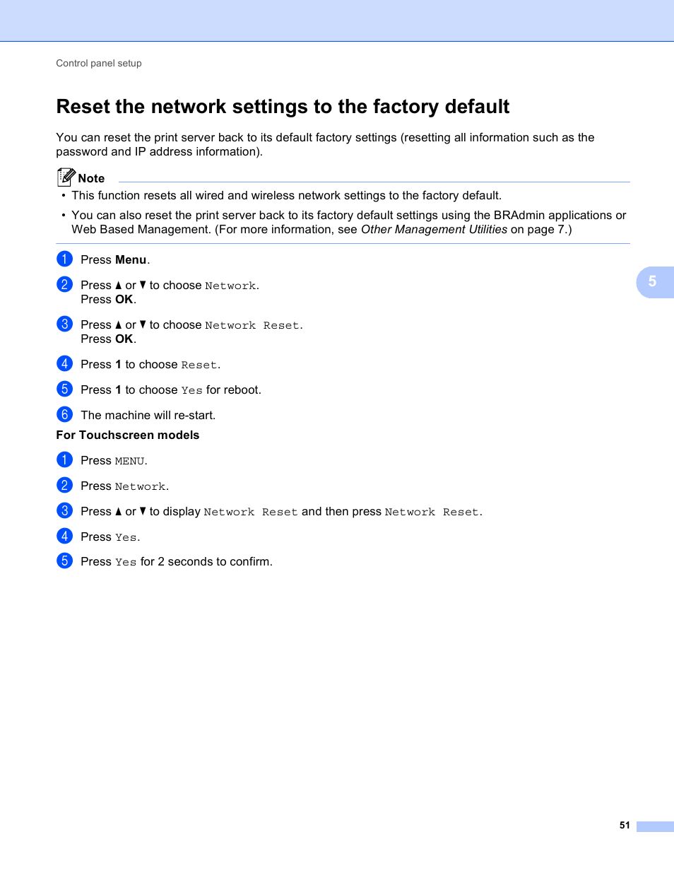 Reset the network settings to the factory default | Brother MFC 9970CDW User Manual | Page 56 / 163