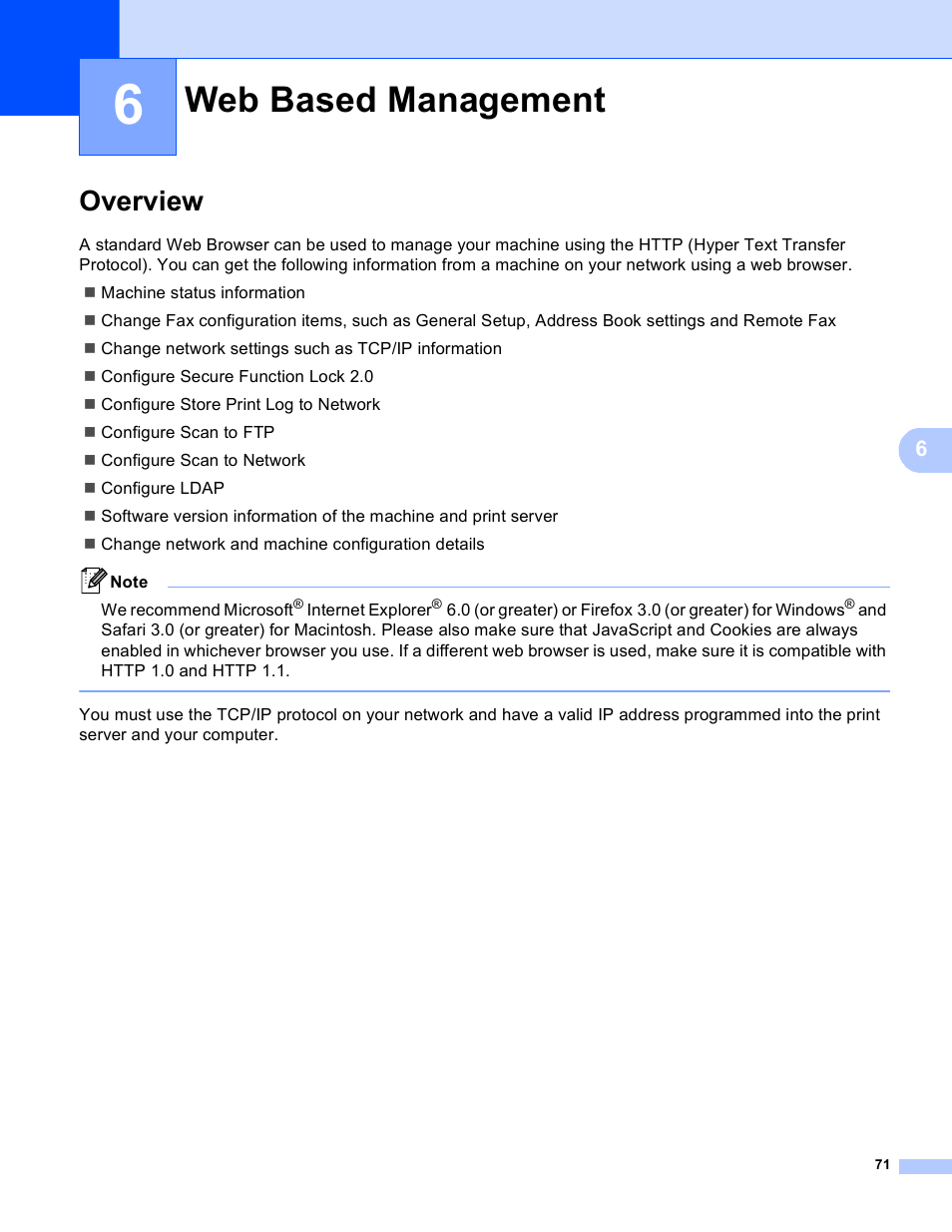 6 web based management, Overview, Web based management | Brother MFC 9970CDW User Manual | Page 76 / 163