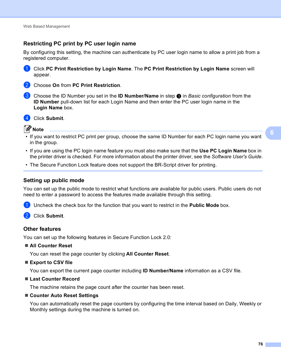 Restricting pc print by pc user login name, Setting up public mode, Other features | Brother MFC 9970CDW User Manual | Page 81 / 163