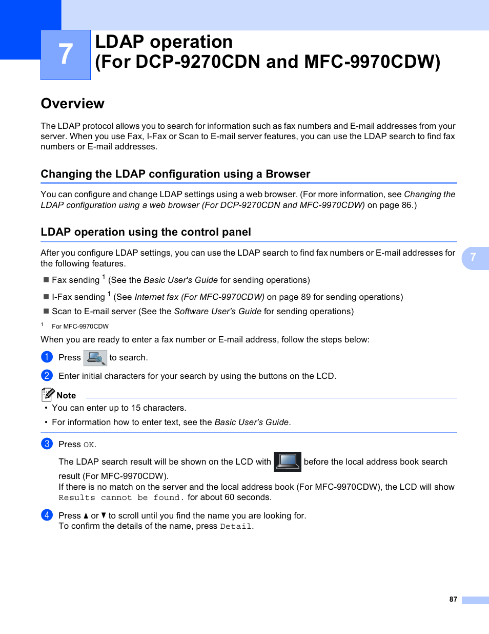 7 ldap operation (for dcp-9270cdn and mfc-9970cdw), Overview, Changing the ldap configuration using a browser | Ldap operation using the control panel, Ldap operation (for dcp-9270cdn and mfc-9970cdw) | Brother MFC 9970CDW User Manual | Page 92 / 163