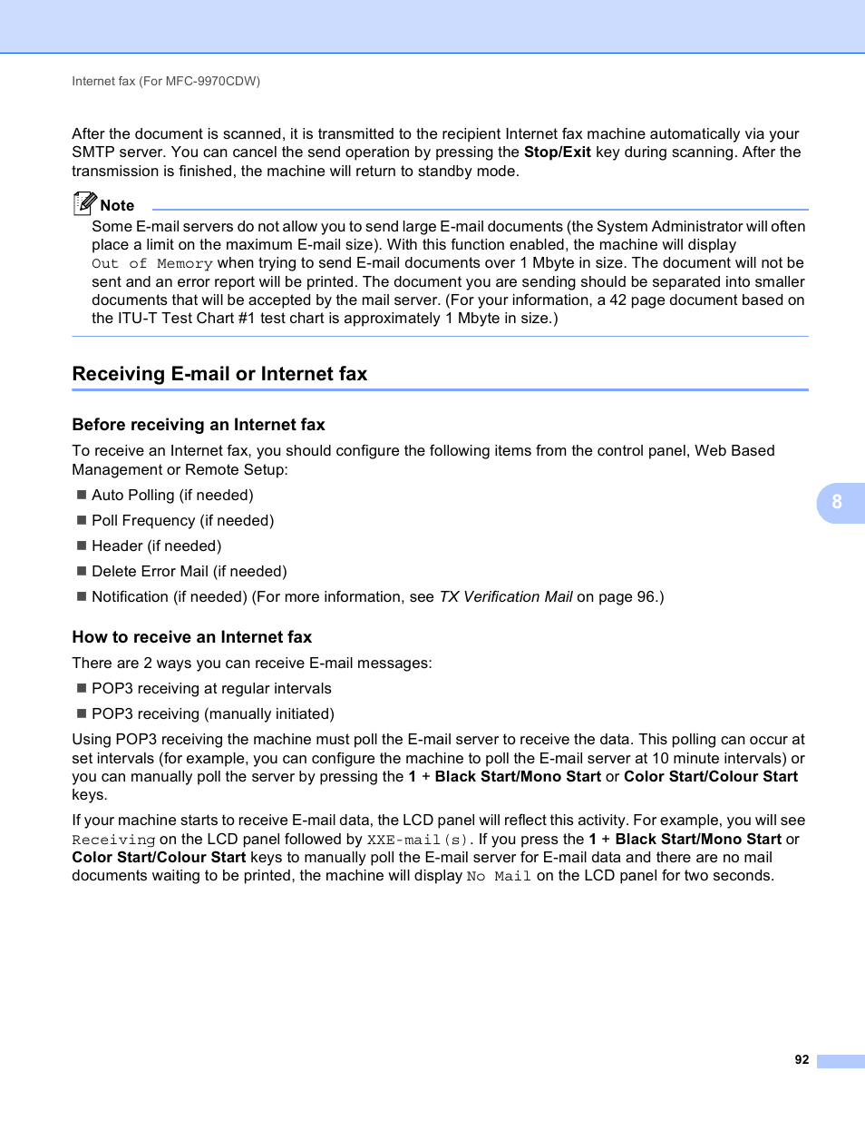 Receiving e-mail or internet fax, Before receiving an internet fax, How to receive an internet fax | Brother MFC 9970CDW User Manual | Page 97 / 163