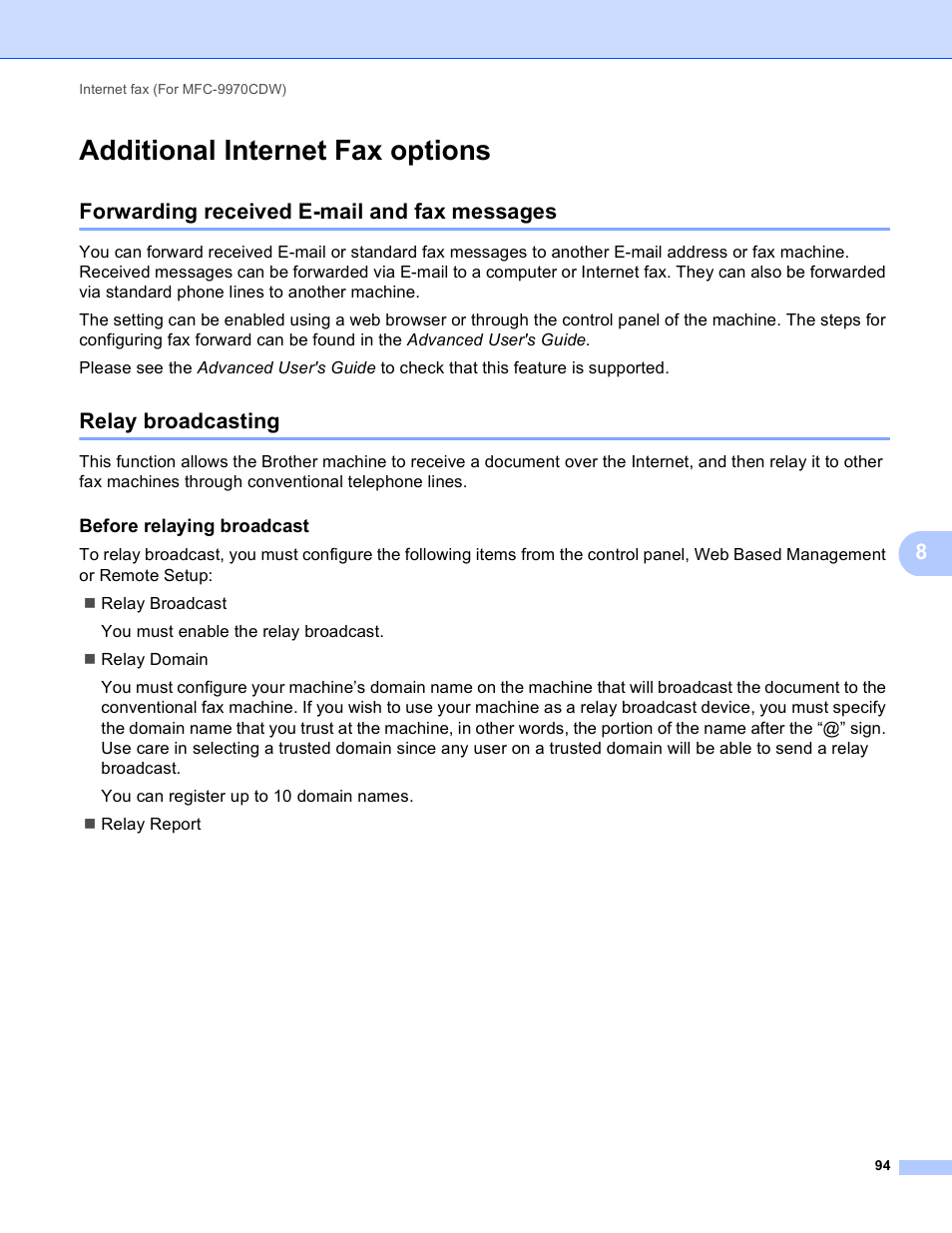 Additional internet fax options, Forwarding received e-mail and fax messages, Relay broadcasting | Before relaying broadcast | Brother MFC 9970CDW User Manual | Page 99 / 163