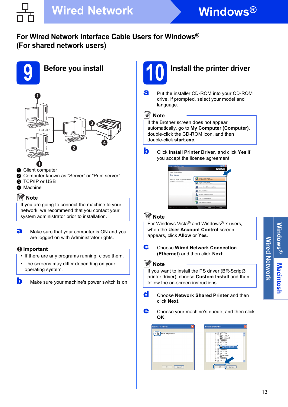 9 before you install, 10 install the printer driver, Windows | Wired network, For shared network users), Before you install, Install the printer driver | Brother HL-6180DW User Manual | Page 13 / 34