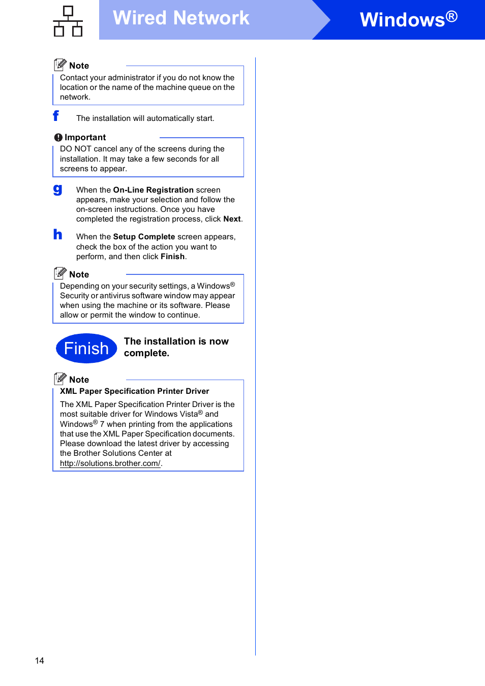 Windows, Wired network, Finish | Brother HL-6180DW User Manual | Page 14 / 34