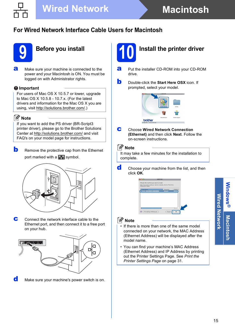 9 before you install, 10 install the printer driver, Macintosh wired network | Brother HL-6180DW User Manual | Page 15 / 34