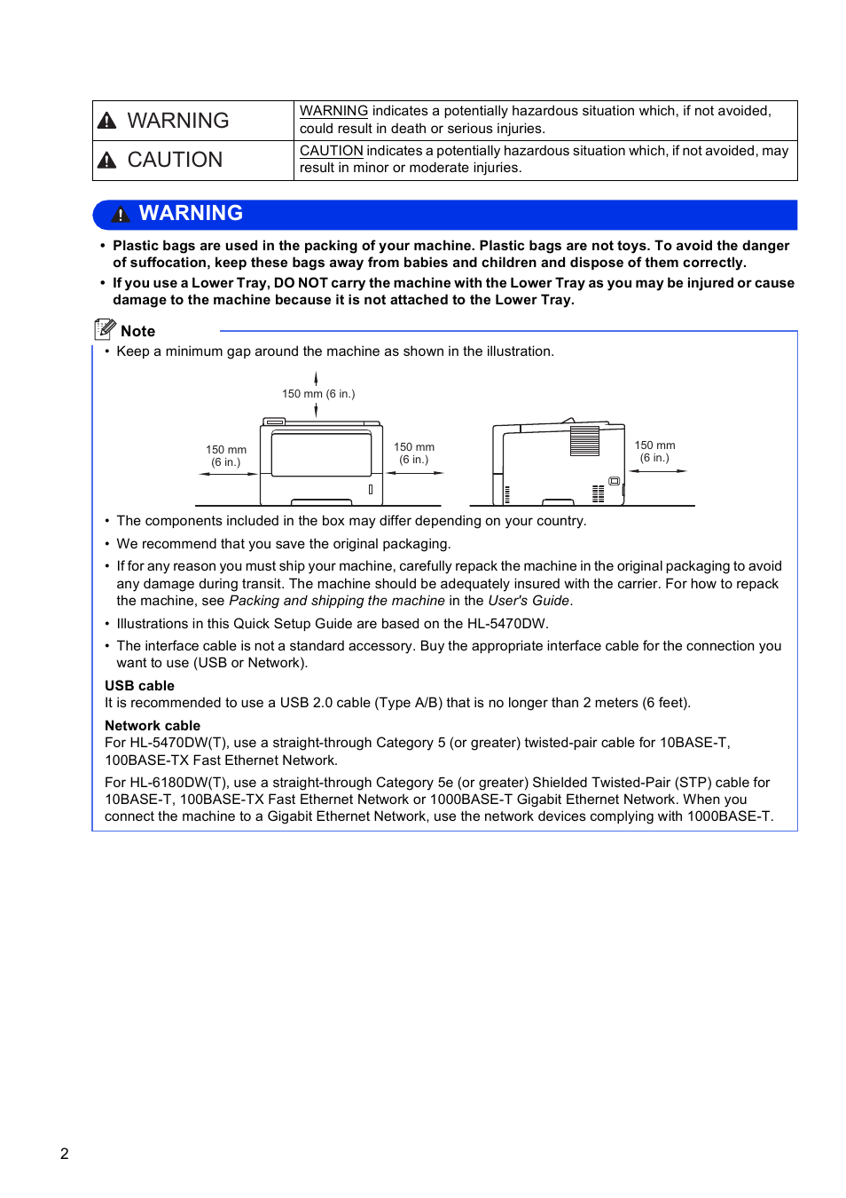 Warning caution, Warning | Brother HL-6180DW User Manual | Page 2 / 34