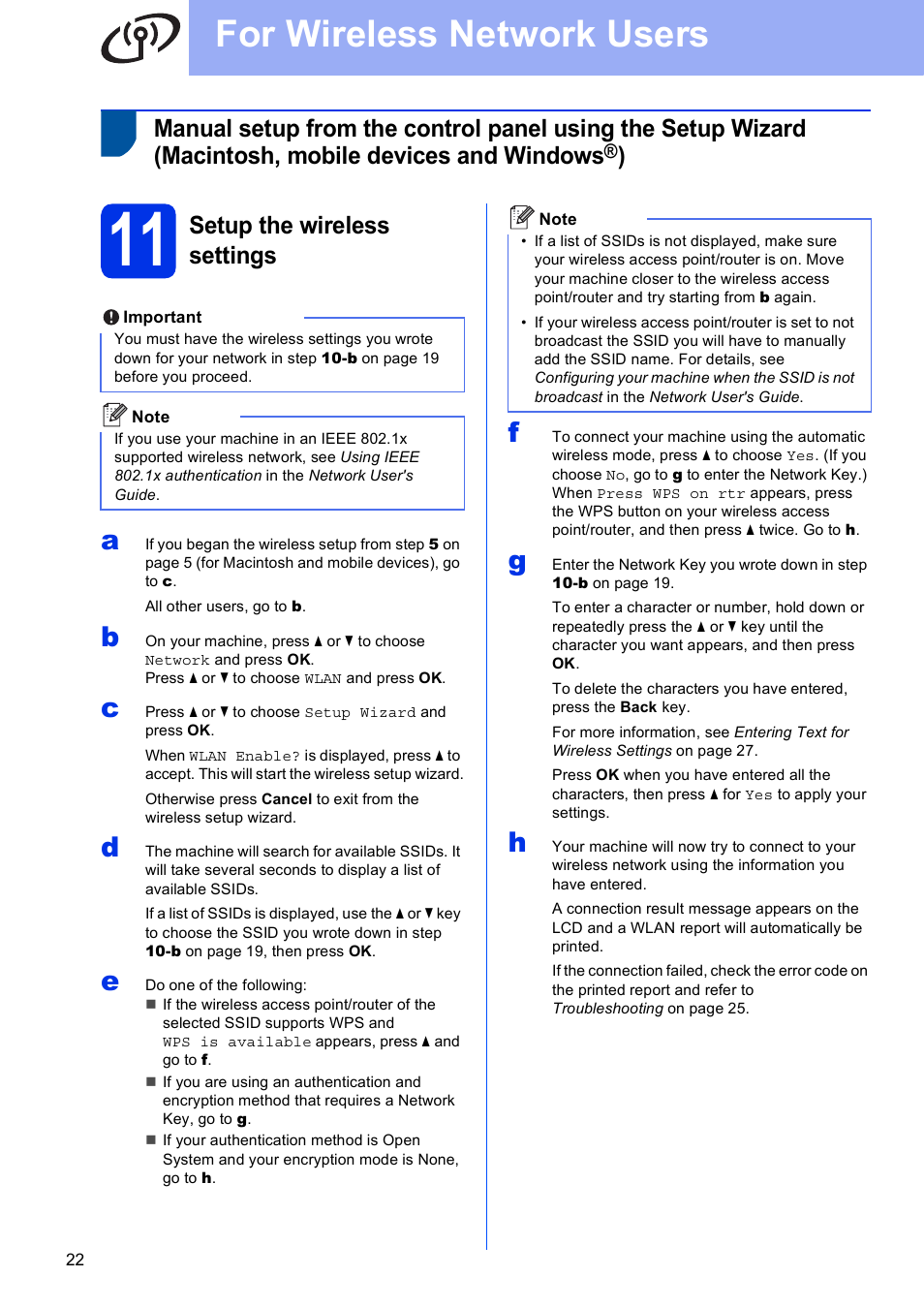 11 setup the wireless settings, For wireless network users, Setup the wireless settings | Brother HL-6180DW User Manual | Page 22 / 34