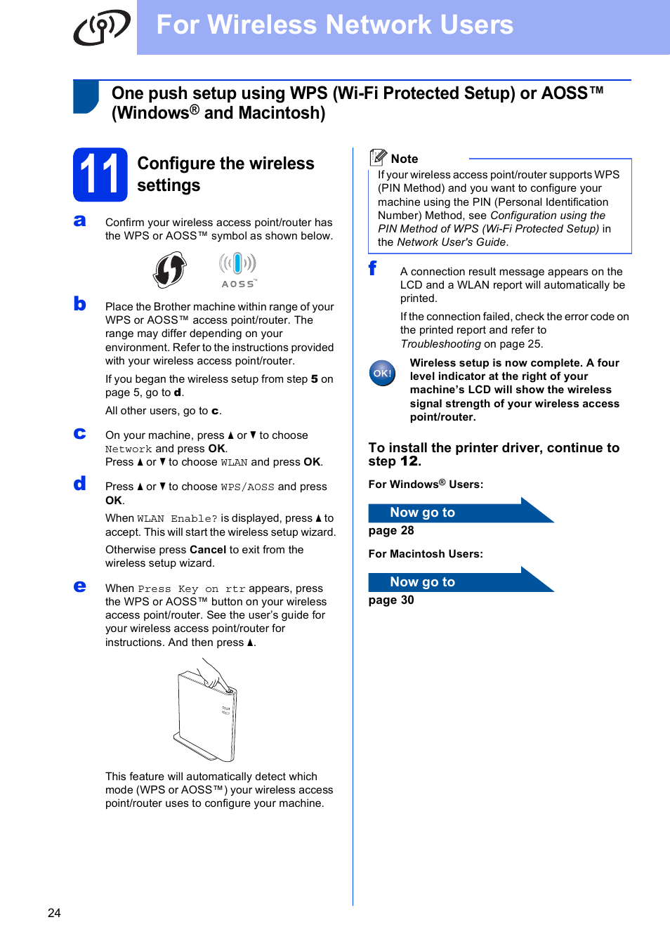 11 configure the wireless settings, For wireless network users, And macintosh) | Configure the wireless settings | Brother HL-6180DW User Manual | Page 24 / 34