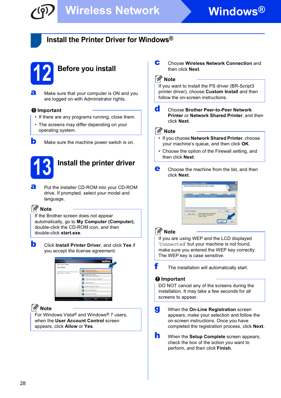 Install the printer driver for windows, 12 before you install, 13 install the printer driver | E on, 12 on pa, Windows, Wireless network | Brother HL-6180DW User Manual | Page 28 / 34