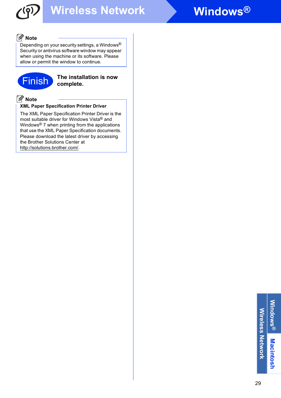 Windows, Wireless network, Finish | Brother HL-6180DW User Manual | Page 29 / 34
