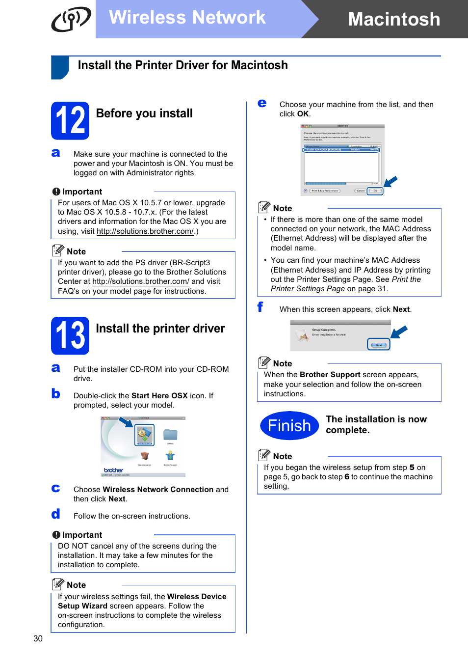 Install the printer driver for macintosh, 12 before you install, 13 install the printer driver | 12 on pa, Macintosh wireless network, Finish | Brother HL-6180DW User Manual | Page 30 / 34