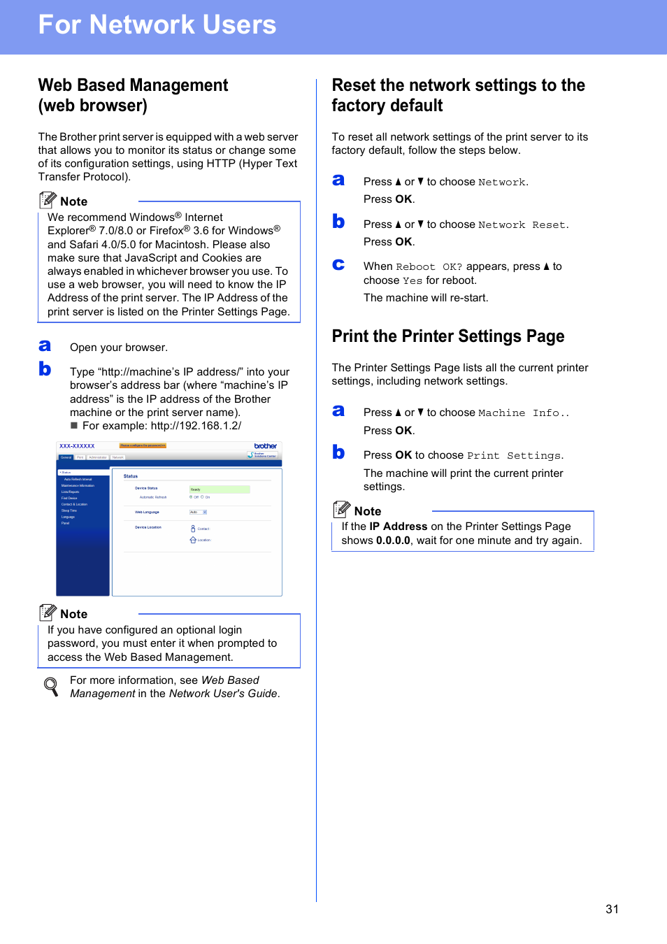 For network users, Web based management (web browser), Reset the network settings to the factory default | Print the printer settings page | Brother HL-6180DW User Manual | Page 31 / 34