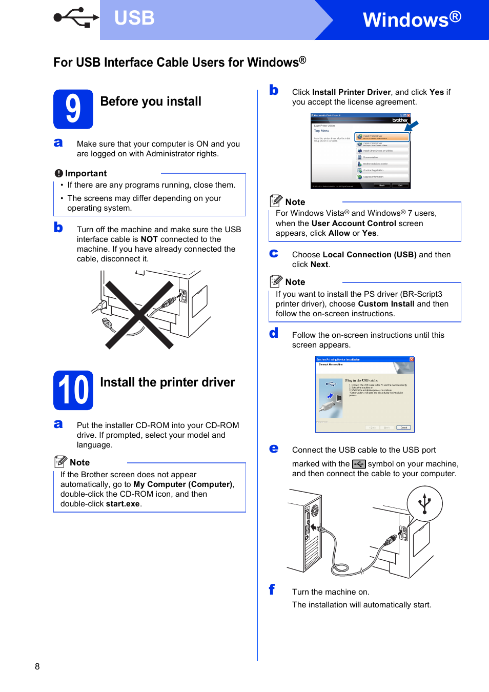 For usb interface cable users for windows, 9 before you install, 10 install the printer driver | Windows | Brother HL-6180DW User Manual | Page 8 / 34