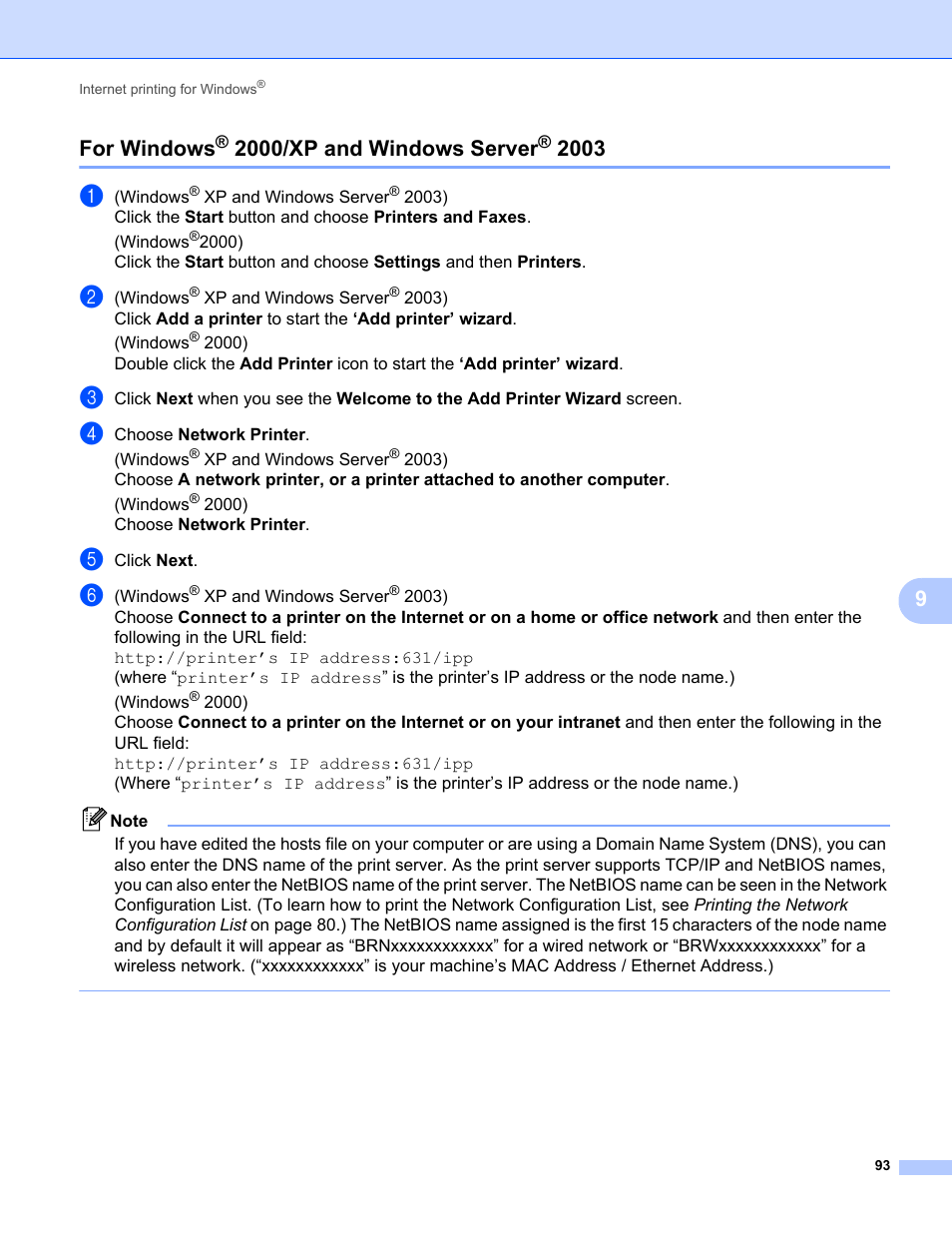 For windows® 2000/xp and windows server® 2003, For windows, 2000/xp and windows server | 9for windows | Brother MFC-9320CW User Manual | Page 104 / 203