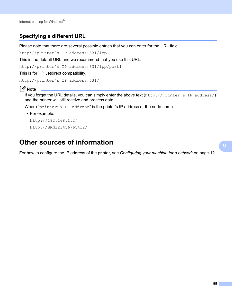 Specifying a different url, Other sources of information, 9specifying a different url | Brother MFC-9320CW User Manual | Page 106 / 203