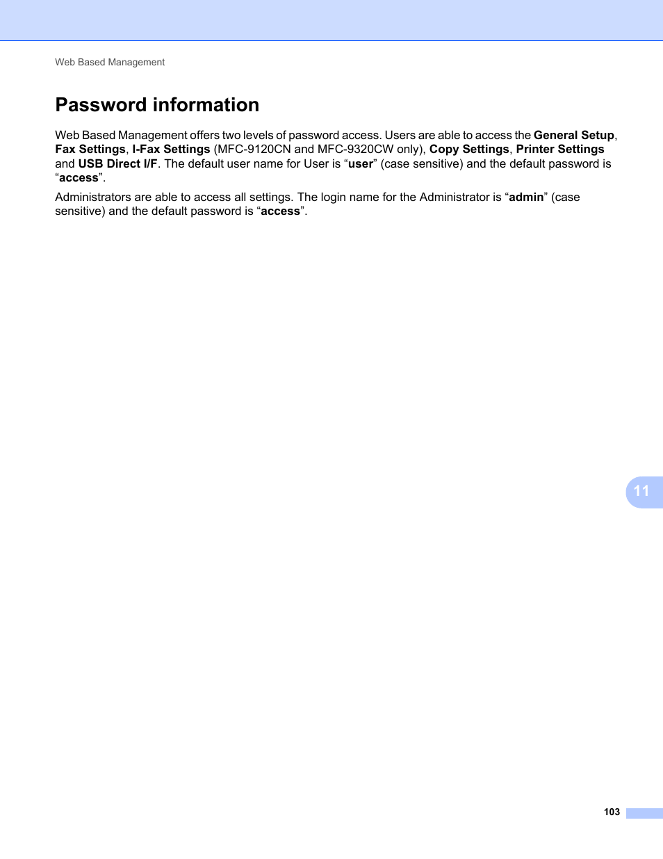 Password information | Brother MFC-9320CW User Manual | Page 114 / 203