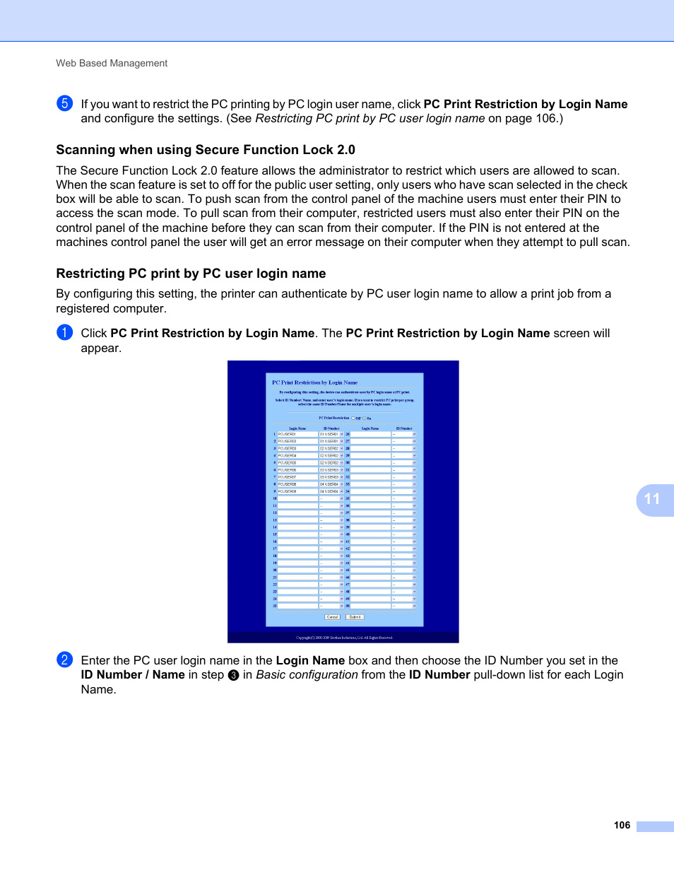 Scanning when using secure function lock 2.0, Restricting pc print by pc user login name | Brother MFC-9320CW User Manual | Page 117 / 203