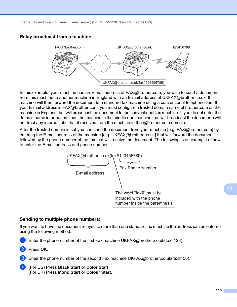Relay broadcast from a machine, Sending to multiple phone numbers | Brother MFC-9320CW User Manual | Page 127 / 203
