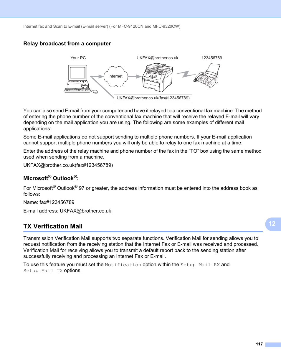 Relay broadcast from a computer, Microsoft® outlook, Tx verification mail | Microsoft, Outlook | Brother MFC-9320CW User Manual | Page 128 / 203