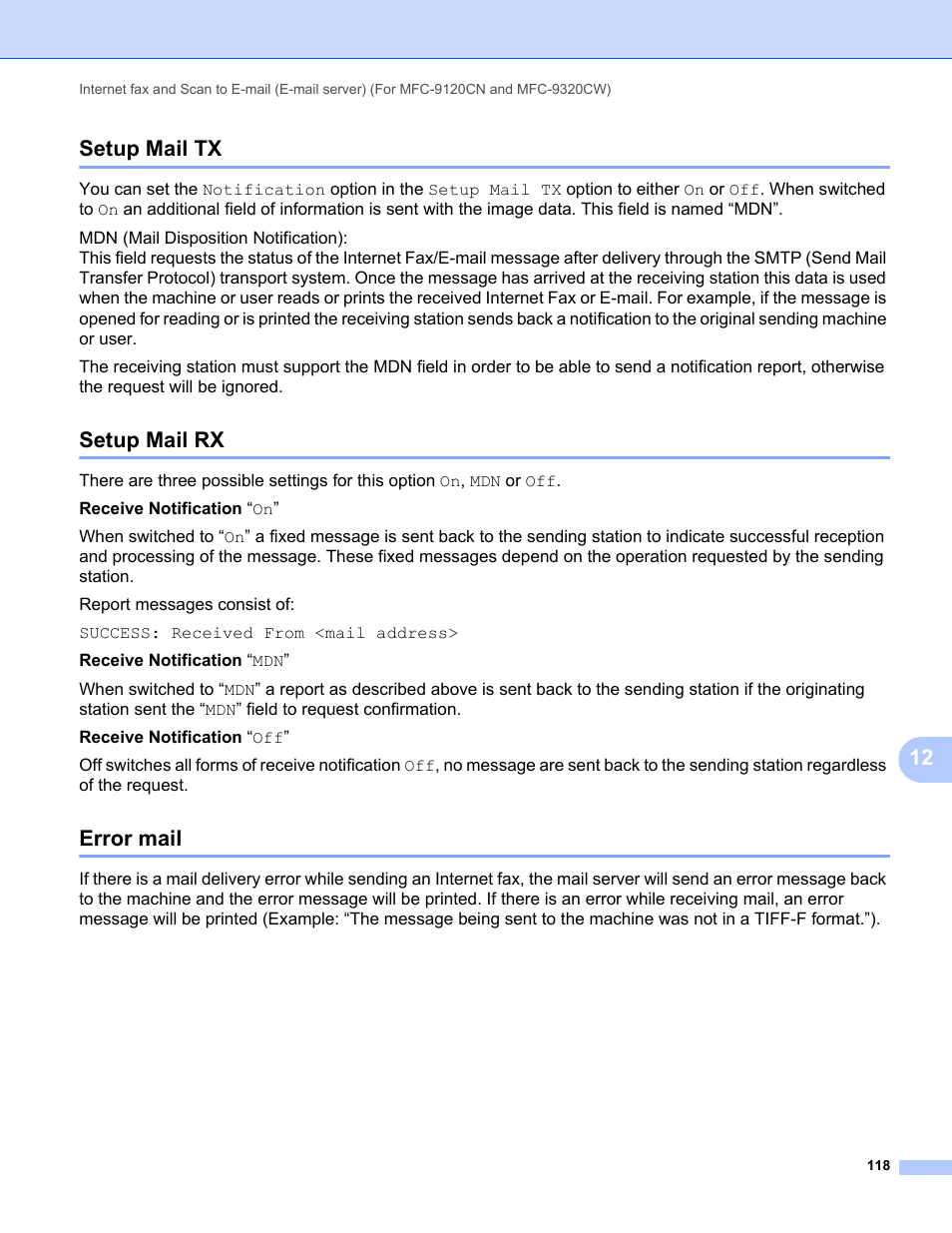 Setup mail tx, Setup mail rx, Error mail | Setup mail tx setup mail rx error mail, 12 setup mail tx | Brother MFC-9320CW User Manual | Page 129 / 203