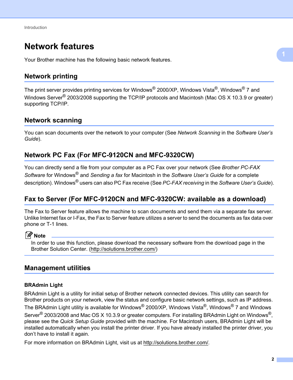 Network features, Network printing, Network scanning | Network pc fax (for mfc-9120cn and mfc-9320cw), Management utilities | Brother MFC-9320CW User Manual | Page 13 / 203