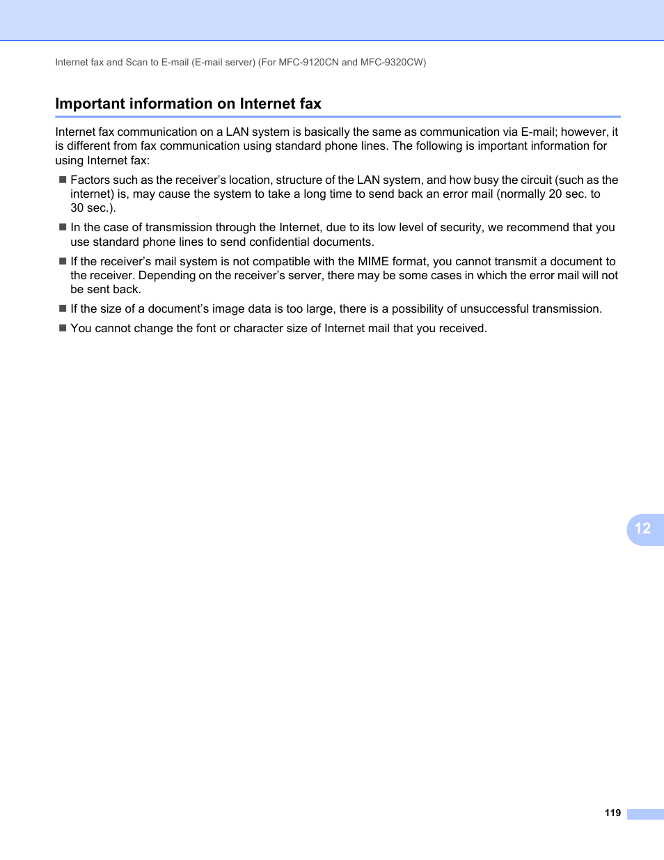Important information on internet fax, 12 important information on internet fax | Brother MFC-9320CW User Manual | Page 130 / 203