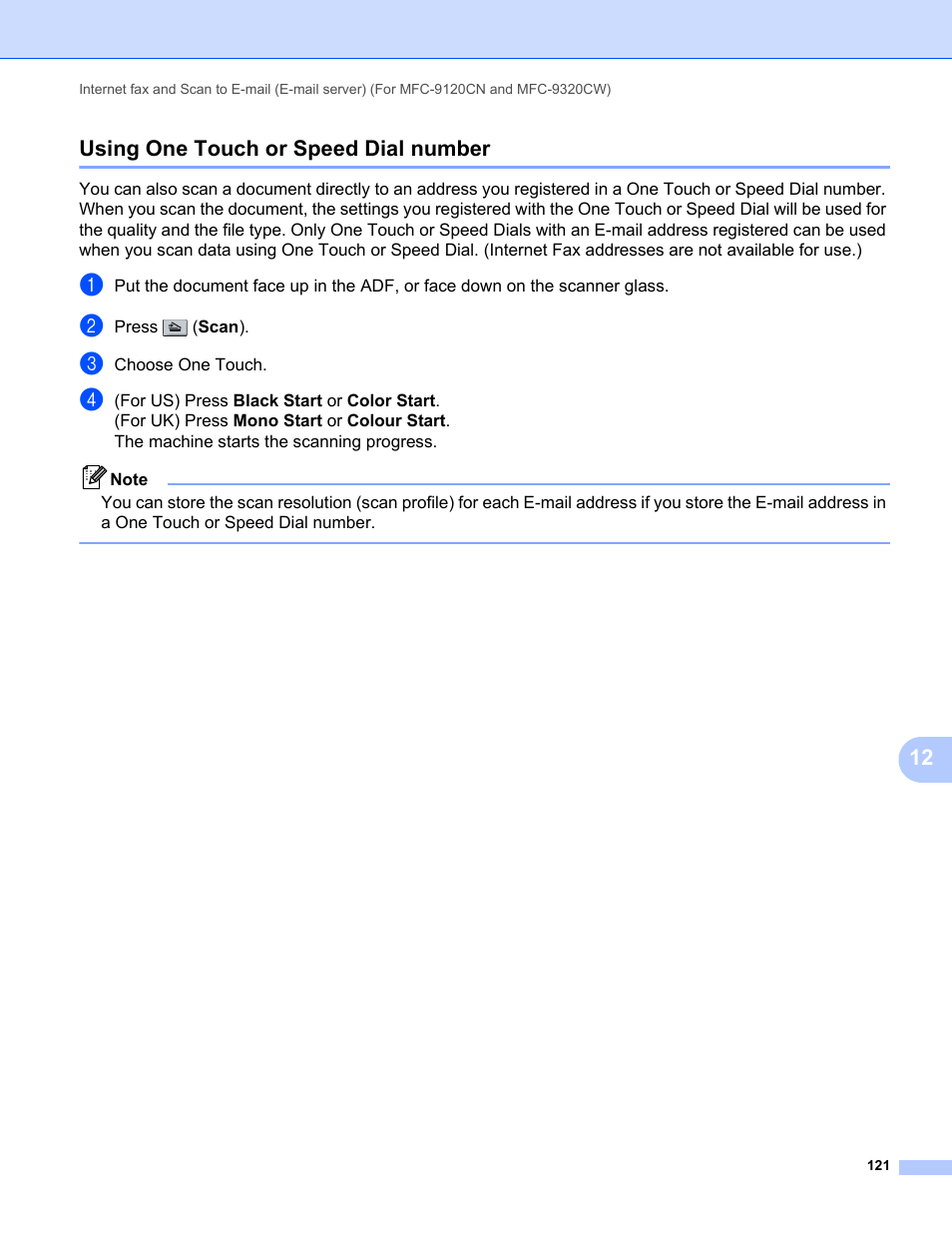 Using one touch or speed dial number, 12 using one touch or speed dial number | Brother MFC-9320CW User Manual | Page 132 / 203